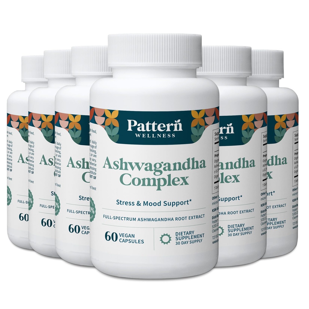 Pattern Wellness Ashwagandha Complex για άνδρες και γυναίκες - KSM-66 & Black Pepper Extract - Ολόκληρο το σώμα και την καρδιά υγεία - Υποστηρίζει το στρες & Mood - Μη ΓΤΟ - 360 Vegan κάψουλες