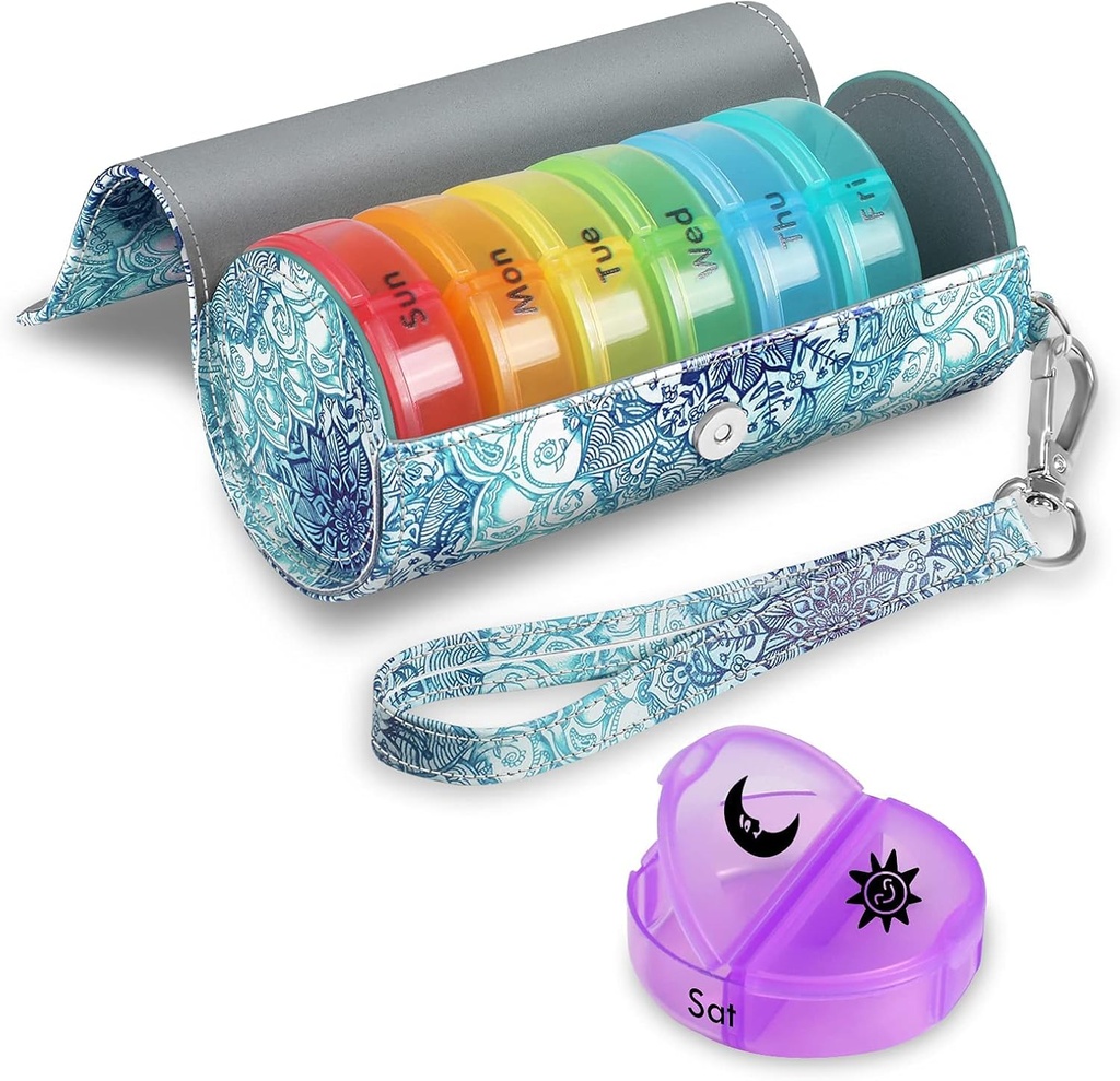 Διοργανωτής χαπιών FINPAC 2 φορές την ημέρα, Μεγάλη Εβδομαδιαία ΑΜ κουτί χαπιών με τη μεταφορά PU δερμάτινη θήκη για 7 ημέρες φαρμακευτική φροντίδα, Στρογγυλή ιατρική Συσκευαστής και κατόχους βιταμινών (Emerald Illusions)