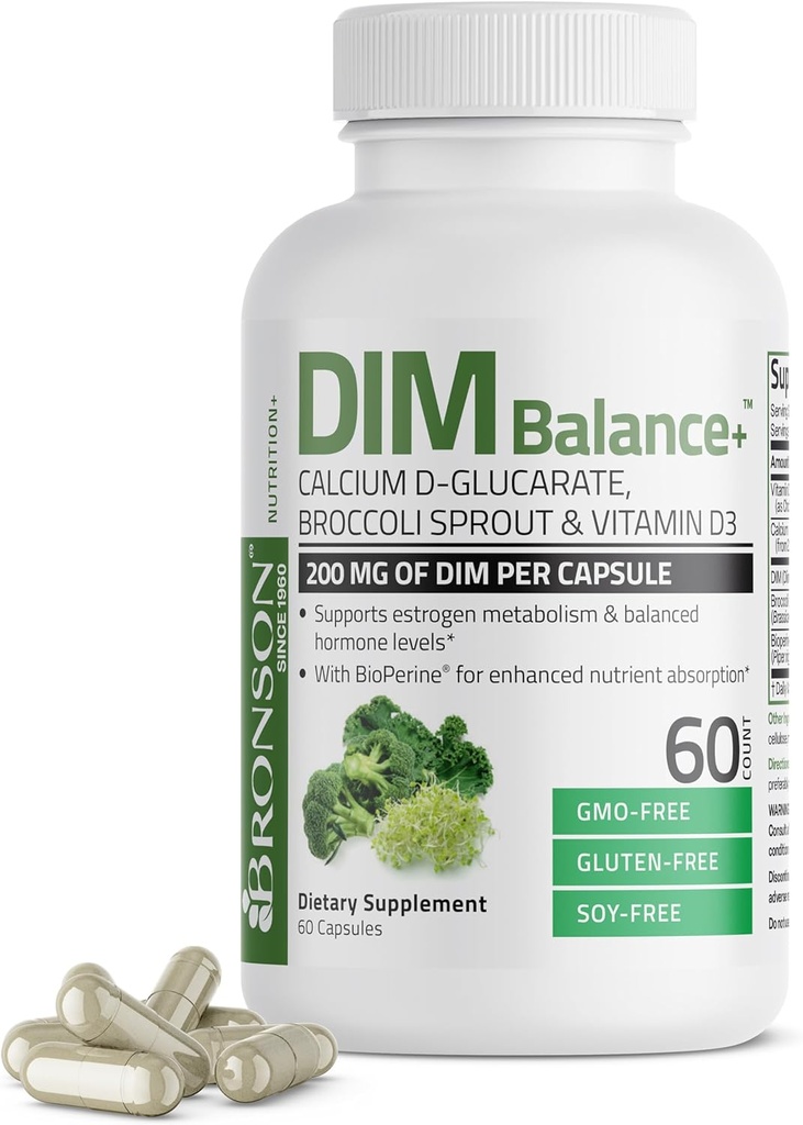 Bronson DIM Balance+ Calcium D-Glucarate, Broccoli Spruts και βιταμίνη D3 200 MG DIM ανά κάψουλα Υποστηρίζει οιστρογόνο Μεταβολισμό και ισορροπημένα επίπεδα ορμονών Μη ΓΤΟ, 60 κάψουλες χορτοφάγων