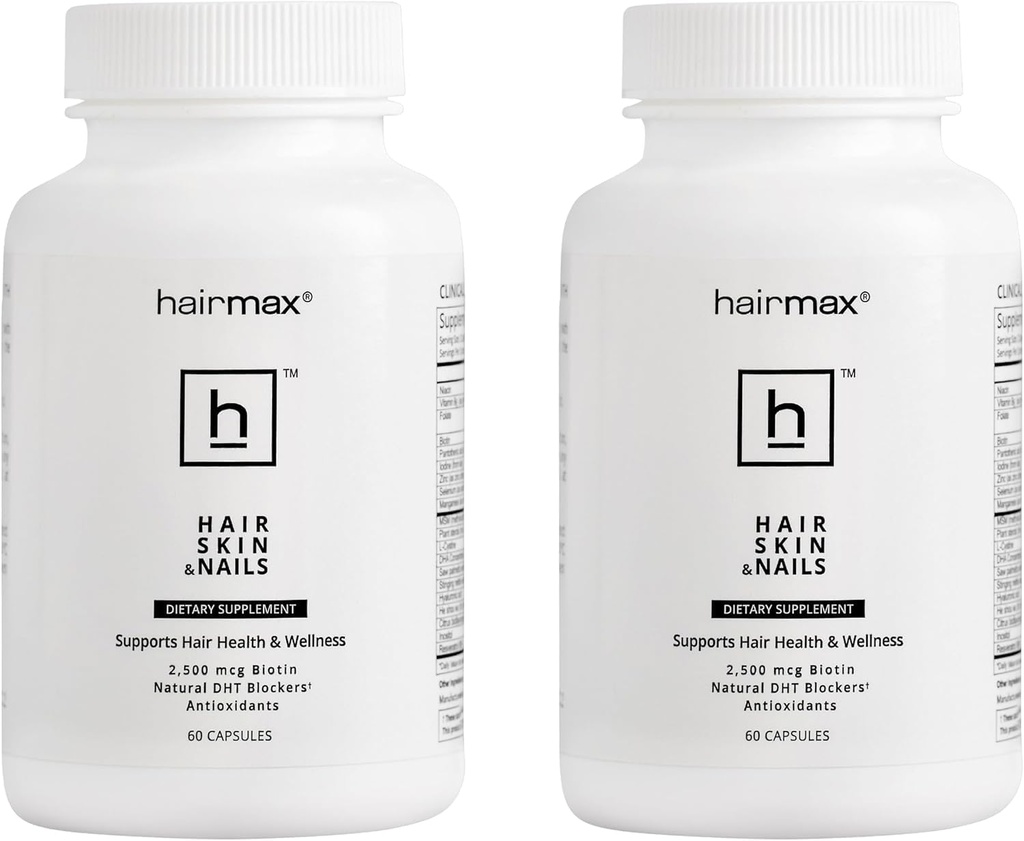 Hairmax για τα μαλλιά, το δέρμα και τα νύχια Συμπλήρωμα διατροφής – Hair Loss and Hair Regrowth Treatment for Women and Men. Περιέχει 2500mcg Βιοτίνη, DHT Blocker, MSM & Αντιοξειδωτικά, Συσκευασία των 2 μπουκάλια