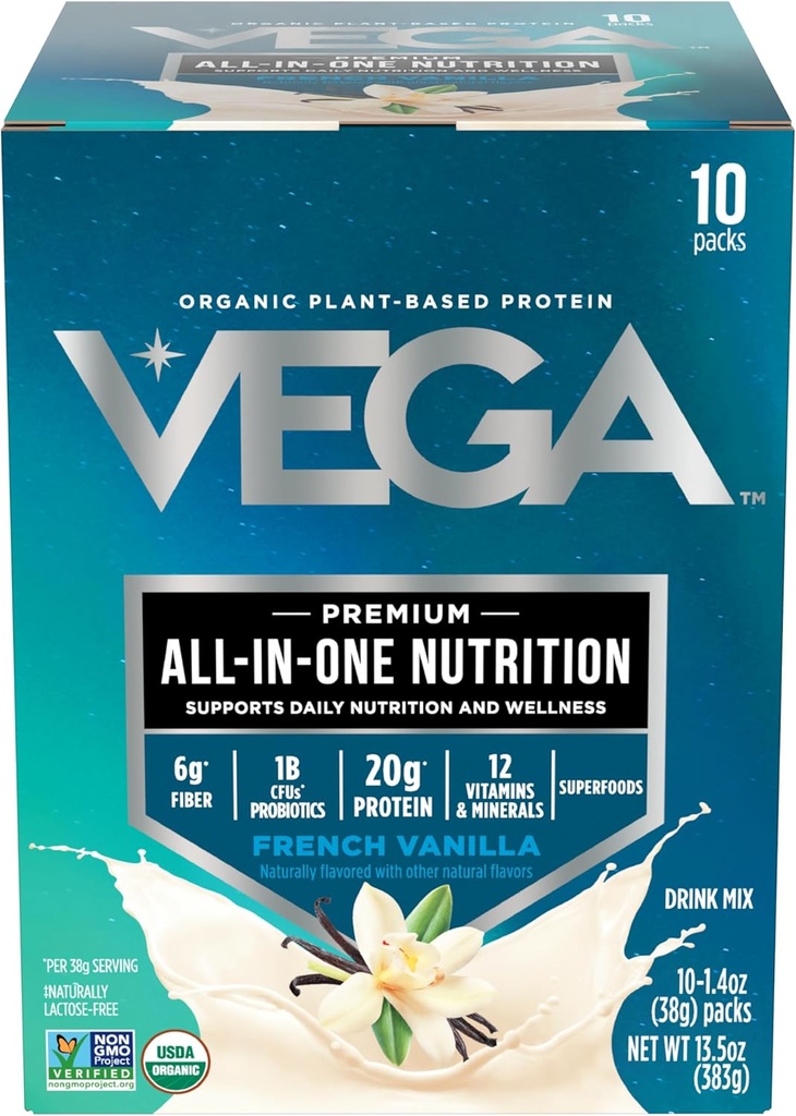 Vega Organic All-in-One Vegan Protein Powder, Γαλλική βανίλια -Superfood Ingredients, Βιταμίνες για την υποστήριξη της ασυλίας, Keto Friendly, Pea Protein for Women & Men, 13,5 oz (Packing May Vary)