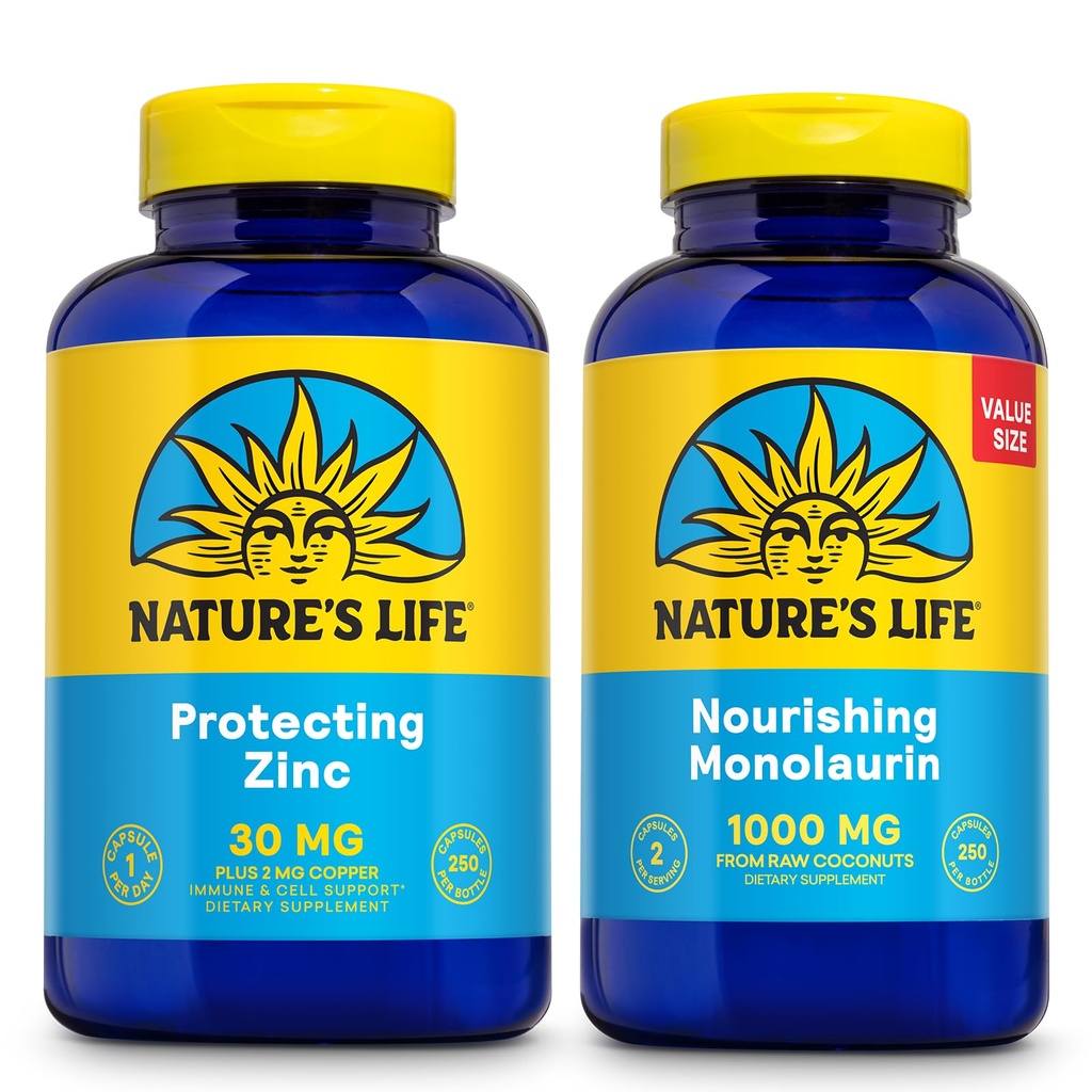 Nature's Life Nourishing Monolaurin 1000mg 250ct and Protecting Zinc Picolinate 30mg 250ct - Συμπληρώματα Υγείας και Ανοσοποιητικής Υποστήριξης - Μονολαουρίνη από Ακατέργαστες Καρύδες, Χηλικός Ψευδάργυρος - Εγγύηση 60 ημερών