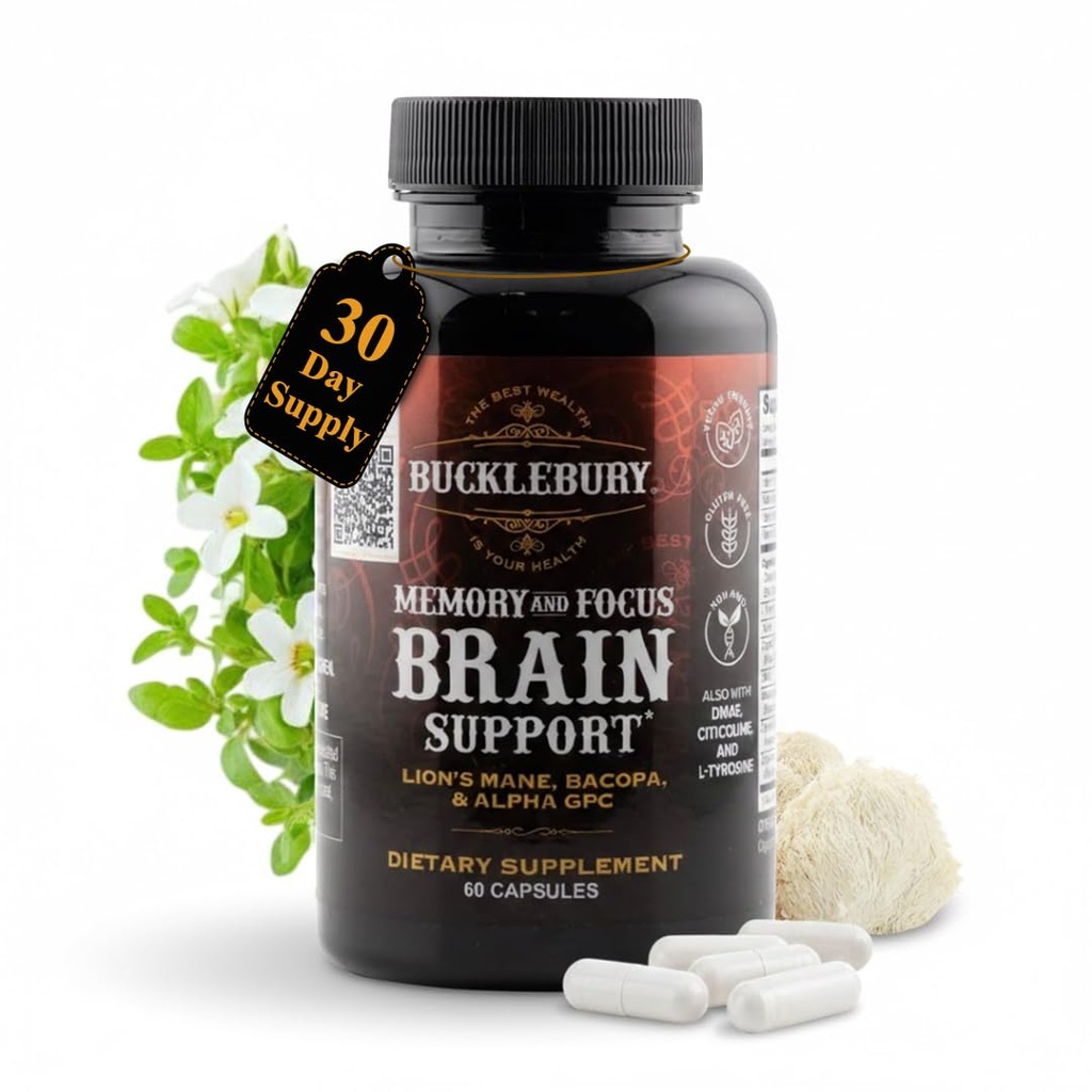 BUCKLEBURY Brain and Memory Συμπληρώματα με Bakopa & Alpha GPC - Nootropic Brain Κάψουλες για Γνωστική Υποστήριξη, Εστίαση & Διανοητική Καθαρότητα - Memory and Focus Χάπια για Γυναίκες & Άνδρες - Vegan 60 Κάψουλες