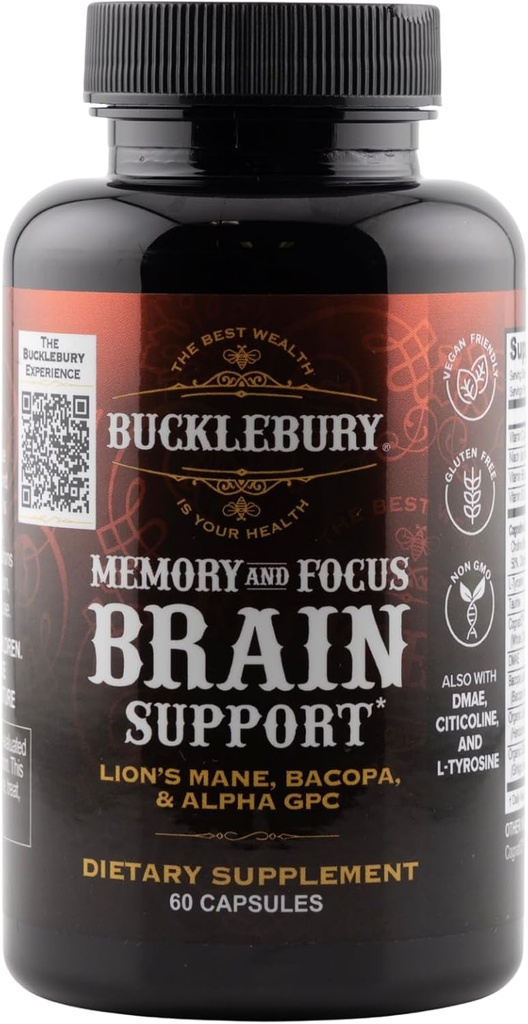 BUCKLEBURY Brain and Memory Συμπληρώματα με Bakopa & Alpha GPC - Nootropic Brain Κάψουλες για Γνωστική Υποστήριξη, Εστίαση & Διανοητική Καθαρότητα - Memory and Focus Χάπια για Γυναίκες & Άνδρες - Vegan 60 Κάψουλες