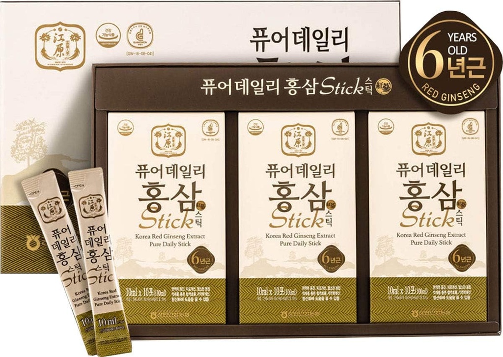 Gangwoninsam] Korean Red Ginseng Extract Pure Daily Stick 30 Count – Περιέχει 6 χρόνια Korean Red Ginseng Extract, κορεατικά τρόφιμα, ατομικά συσκευασμένα, 0,35 fl. oz (10ml), 3 X 10-Count Box