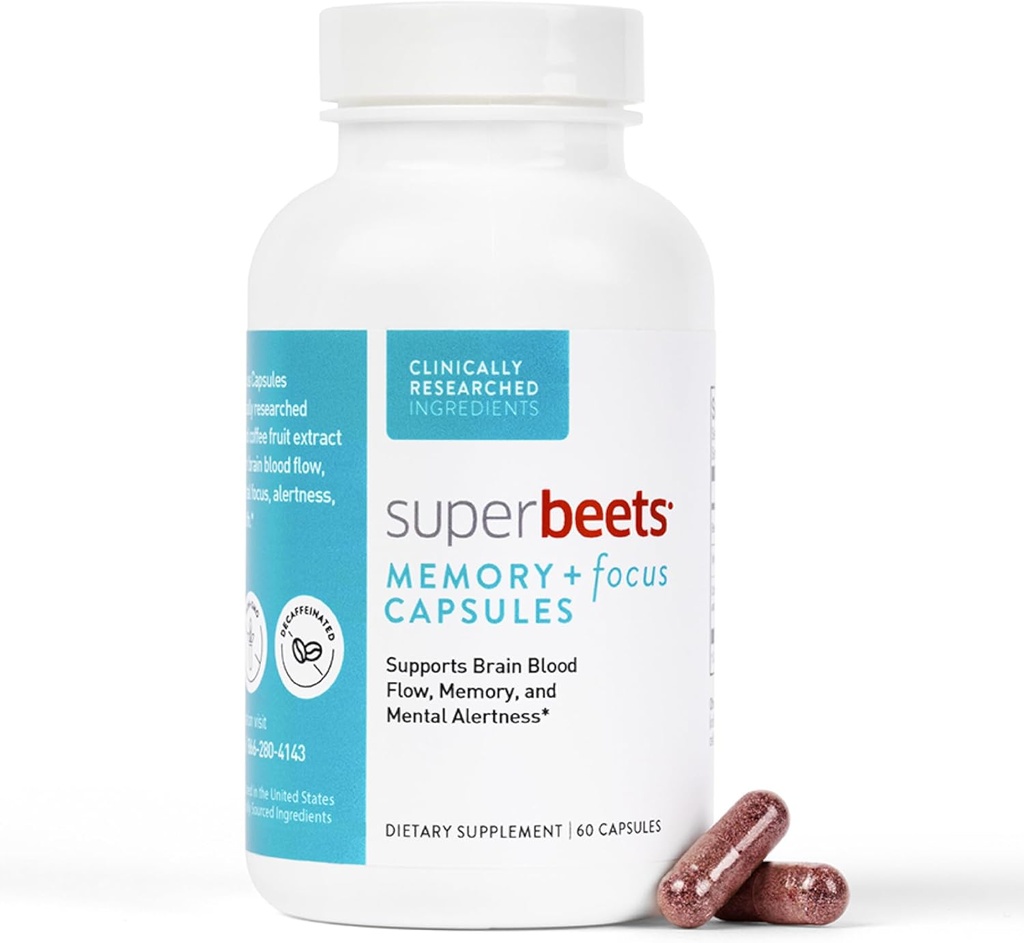 HumanN SuperBeets Memory & Focus Brain Supplement Capsules – Mental Alertness – Clinically Studied Nootropics, Resveratrol Plus Beet Root Powder, Sugar-Free, 60 Count
