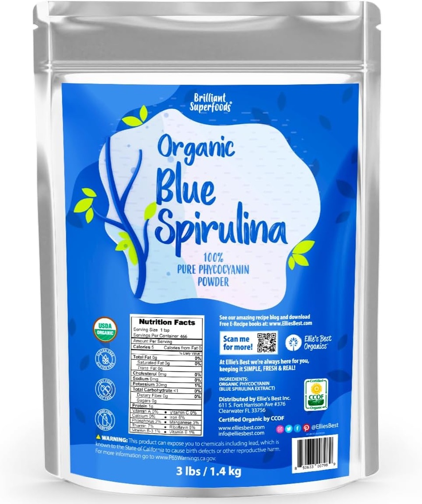 Ellie καλύτερο οργανικό μπλε Spirulina σκόνη Superfood συμπλήρωμα - Odorless - 3LB χύδην - Vegan, μη GMO, χωρίς γλουτένη, χωρίς γαλακτοκομικά, λαμπρή μπλε χρωστική τροφίμων - καθαρό νερό εκχυλισμένο