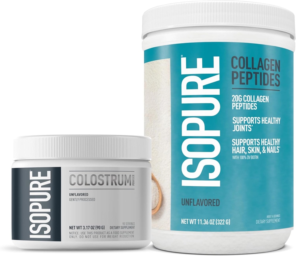 Δέσμη του Isopure Bovine Colostrum Supplement Powder, Μαλακά επεξεργασμένο, 90 Σερβιέτες + Isopure Collagen Peptides Peptides Powder,14 Σερβιρίσματα, Άγευστα, με Βιταμίνη C, με Βιοτίνη