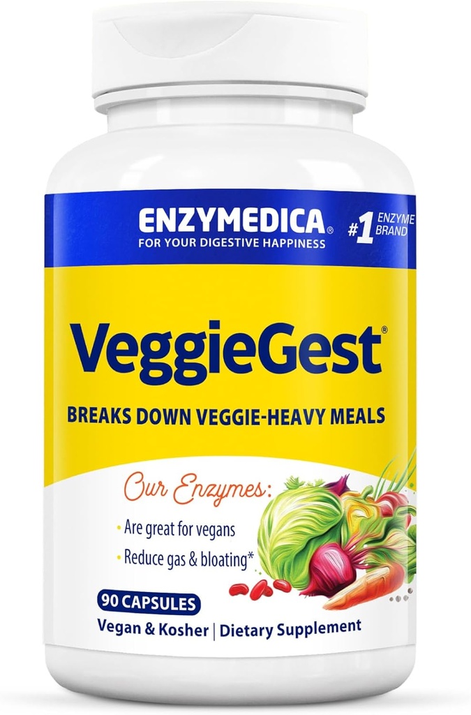 Enzymedica, VeggieGest, Digestive Ένζυμα, Υποστηρίζει Περιστασιακά Αέριο & Αναπτυσσόμενο Ανακούφιση από Υψηλής Ίνες Αλεύρια, για Vegan & Χορτοφαγικές Δίαιτες, Ένζυμο Blend για Digestive Υγεία, 90 Count