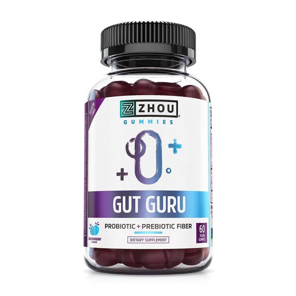 Zhou Gut Guru - Gummies για την υγεία Gut για άνδρες και γυναίκες, Prebiotic και Probiotic Fiber συμπλήρωμα για την υγεία Digestion και Gut - 60 Vegan Gummies