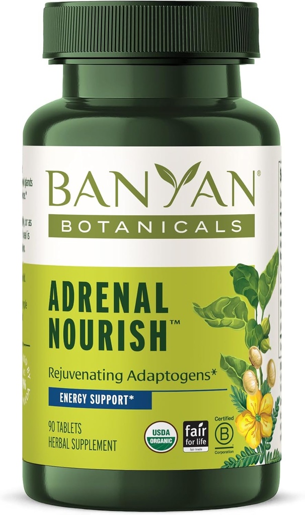 Banyan Botanicals Adrenal Nourish – Βιολογικό συμπλήρωμα προσαρμογόνου - Επιστημονική υποστήριξη για τη φυσική ενέργεια με οργανική Ashwagandha, Gokshura & Guduchi* – 90 δισκία – Μη- ΓΤΟ, Με Βιώσιμη προέλευση, Vegan