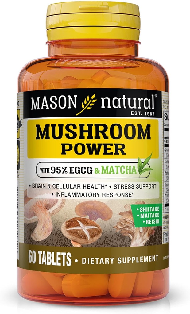 MASON NATURAL Mushroom Power με 95% EGCG και Matcha, Φόρμουλα Βασισμένη σε φυτά με Shiitake, Maitake, Reishi, 60 δισκία