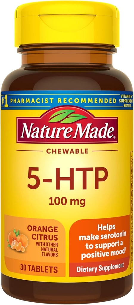 Nature Made Chewable 5HTP 100mg, 5-HTP συμπλήρωμα υποστήριξης διάθεσης, 30 5 HTP Μασώμενα δισκία, 30 ημέρες προσφοράς