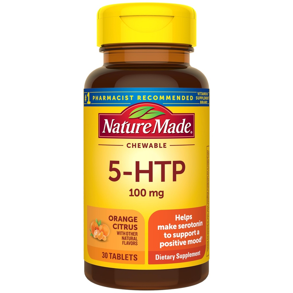 Nature Made Chewable 5HTP 100mg, 5-HTP συμπλήρωμα υποστήριξης διάθεσης, 30 5 HTP Μασώμενα δισκία, 30 ημέρες προσφοράς