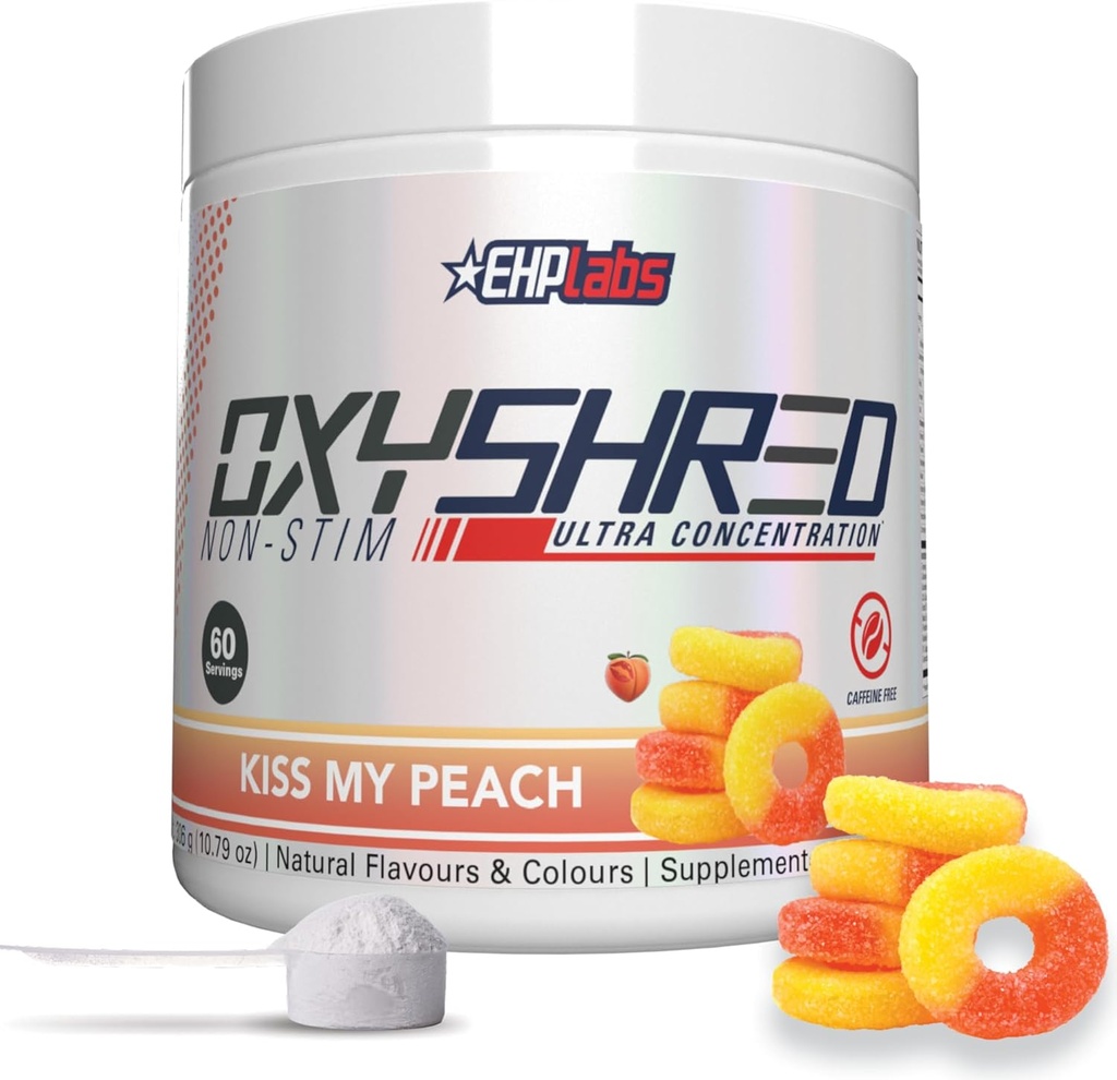EHP Labs OxyShred μη διεγερτικό πριν από την προπόνηση σκόνη - Sim Δωρεάν προ προπόνηση, καφεΐνη Δωρεάν προετοιμασία για άνδρες & γυναίκες με L Γλουταμίνη & Acetyl L Καρνιτίνη - Ροδάκινο, 60 εξυπηρετούν