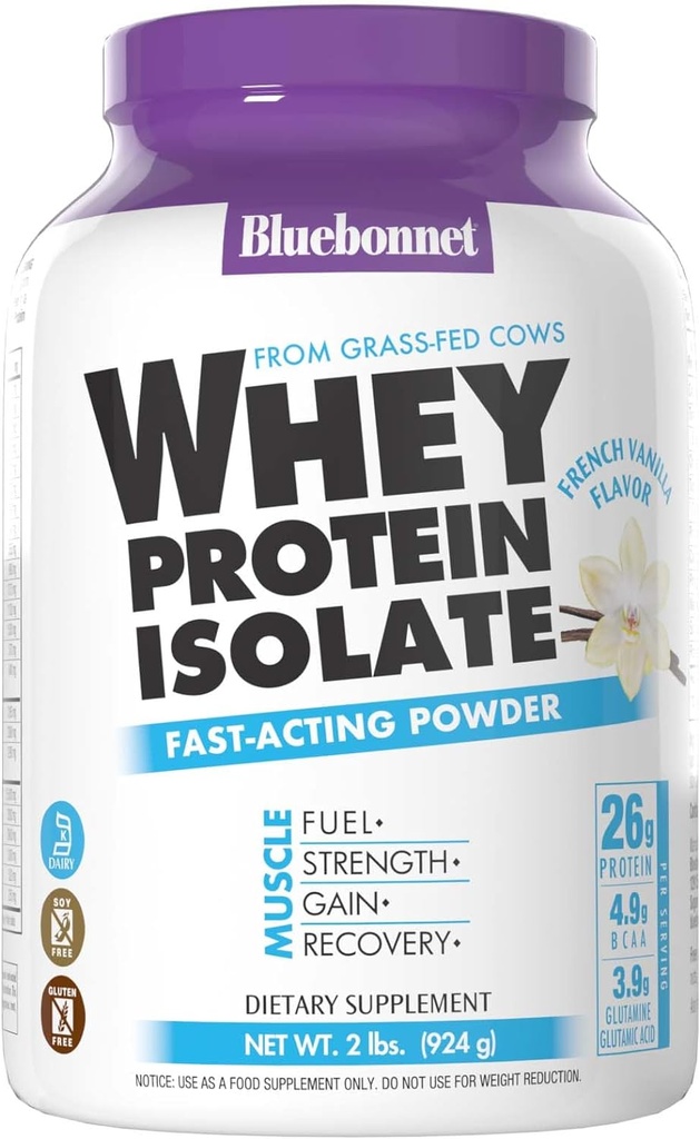 BlueBonnet Διατροφή Whey πρωτεΐνη Isolate σκόνη από χόρτο Fed Αγελάδες, 26g πρωτεΐνης, χωρίς ζάχαρη προστίθενται, χωρίς γλουτένη & σόγια, kosher γαλακτοκομικά, 2 Lbs, 28 εξυπηρετούν, γαλλική βανίλια γεύση
