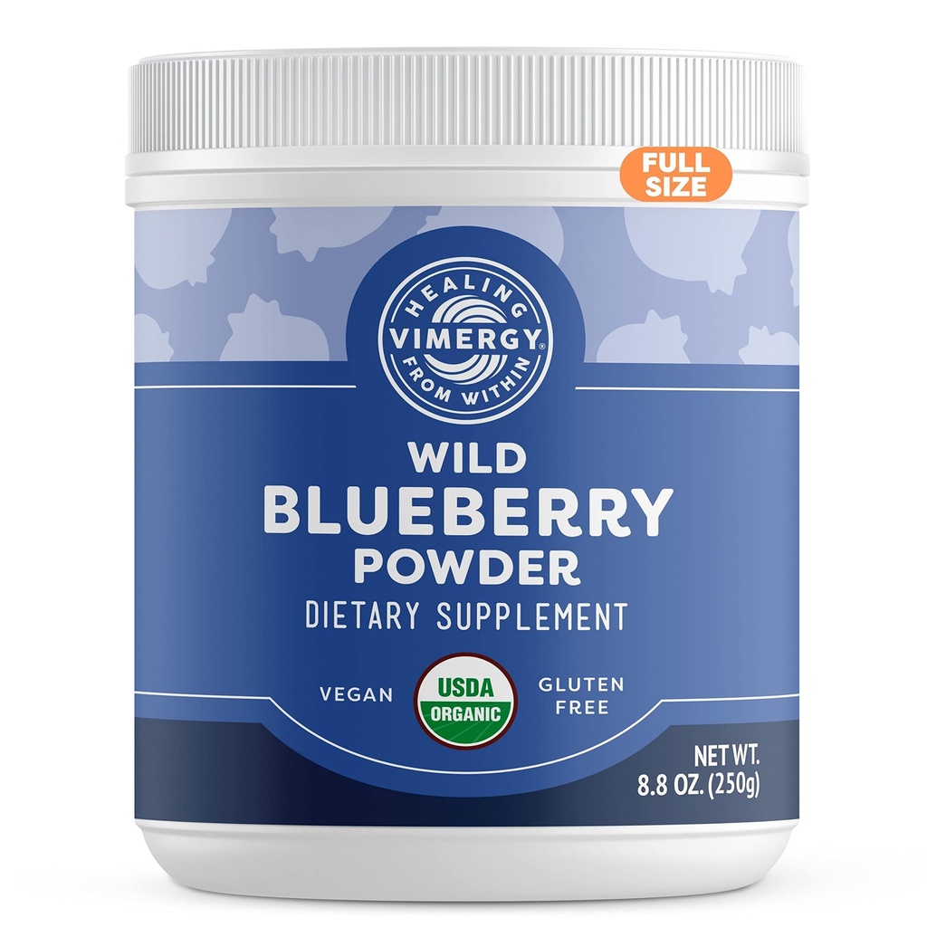 Vimergy Wild Blueberry σκόνη – Προστατεύει την υγεία του εγκεφάλου * - Υποστηρίζει Καρδιαγγειακή λειτουργία * – Βιολογικό, Vegan & Gluten-free – Κανονικό μέγεθος 250g