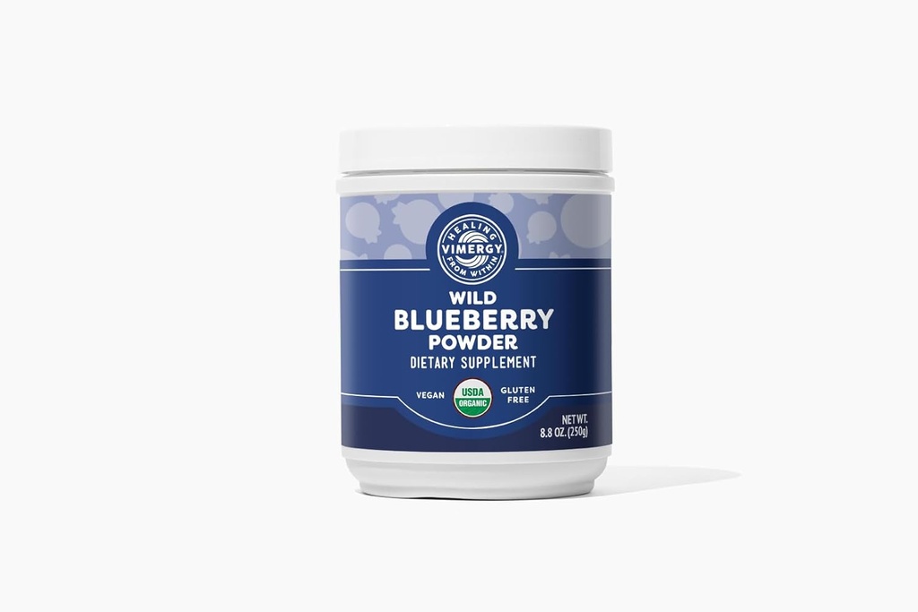 Vimergy Wild Blueberry σκόνη – Προστατεύει την υγεία του εγκεφάλου * - Υποστηρίζει Καρδιαγγειακή λειτουργία * – Βιολογικό, Vegan & Gluten-free – Κανονικό μέγεθος 250g