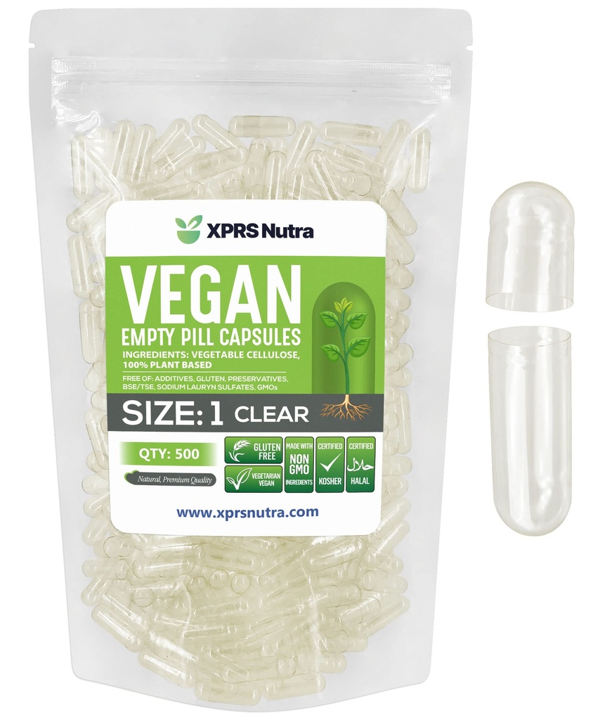 XPRS Nutra Μέγεθος 1 Κενές κάψουλες - 500 Count Clear Empty Vegan Κάψουλες - Χορτοφαγικά Χάπια - DIY Καψάκιο Φυτικών Γέμισμα- Χάπια Veggie για Do-It-Yourself Συμπληρώματα
