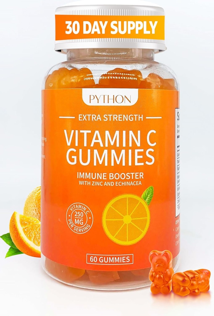 Python Vitamin C + Echinacea Supplement for Immunity and Lung Health, Supports Collagen Production, Skin Hydration, Immunity and Health, 60 Vegan Gummy Chews for Adults & Kids - 1 Month Supply