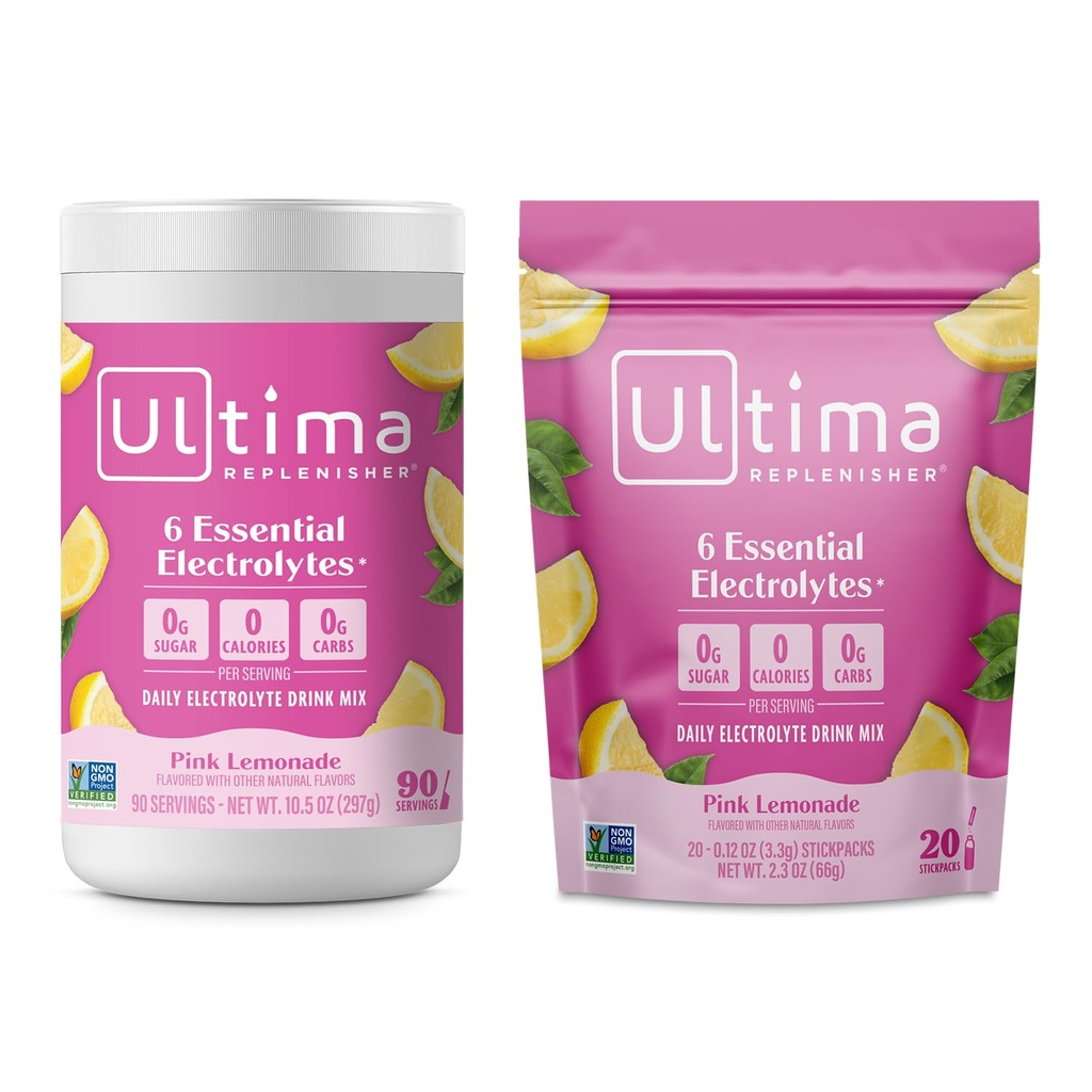 Ultima Replenisher Ηλεκτρολυτικό Ποτό σε σκόνη Mix Bundle – Χωρίς ζάχαρη – Pink Λεμονάδα, 90 Σερβιρίσματος Canister και 20 Stickpacks – 6 Ηλεκτρολύτες και Ορυκτά – Κετό Φιλικό, Vegan, Μη ΓΤΟ