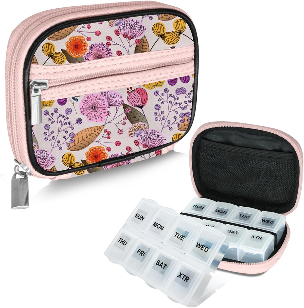 Serfeymi Weekly Travel Pill Organizer Pill Case for Purse with Removed 7 Day Pill Box, Fashionable Travel Medicine Organizer Pill Container for Medicine, Vitamin, Supplement - Bloom 03 + Pill Box
