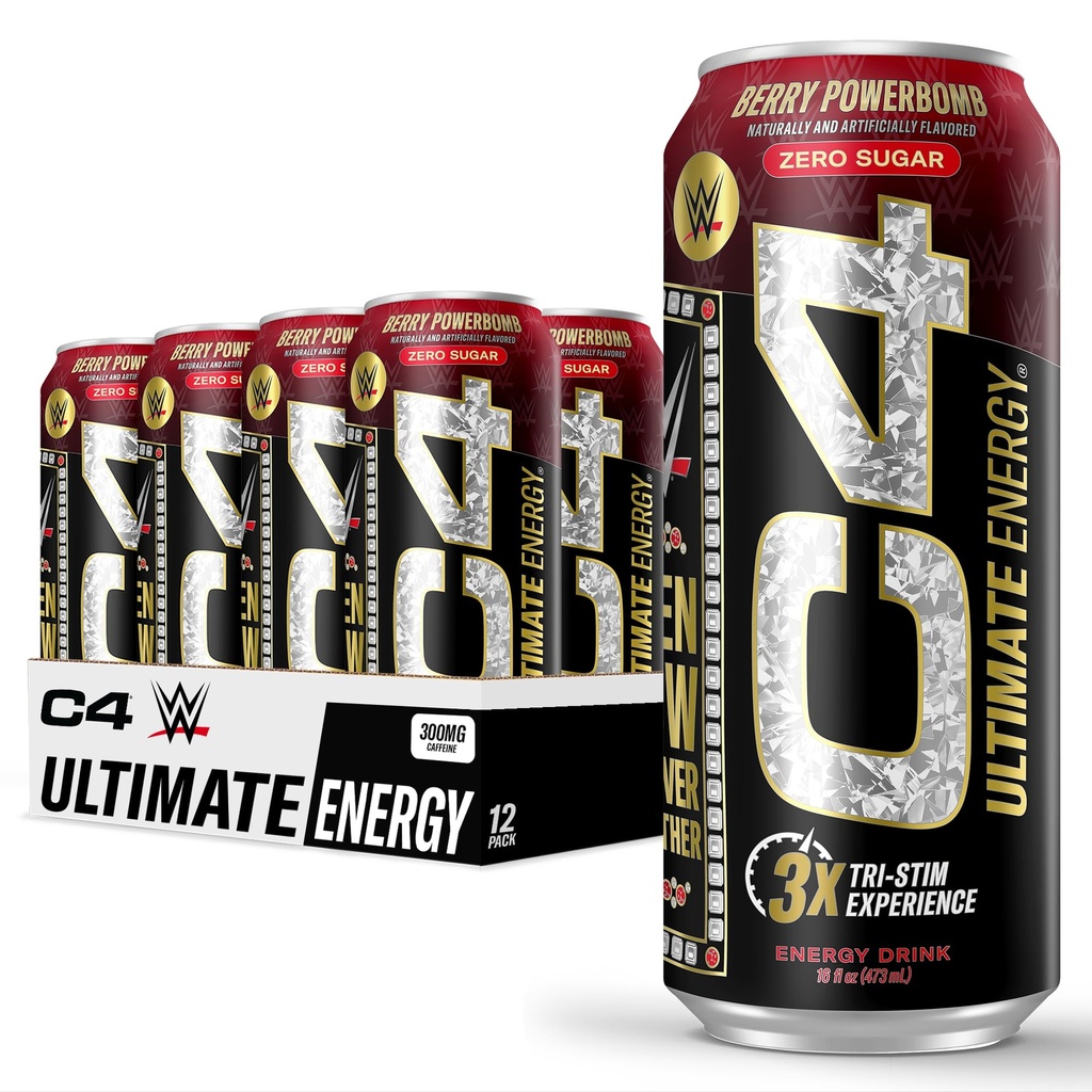 C4 Ultimate x WWE | 300mg Caffeine Sugar Free Energy Drink | Berry Powerbomb| 16oz (Pack of 12)