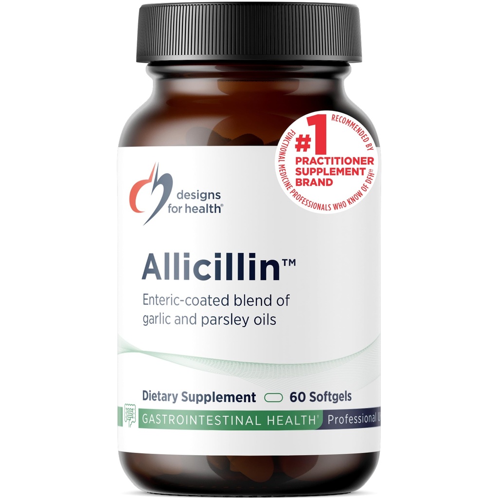 Designs for Health Allicillin - Allicin Supplement with 200mg Garlic Oil + Parsley Oil - Garlic Pills with Powerful Sulfides - Enteric Coated to Help Reduce Odor, Non-GMO (60 Softgels)