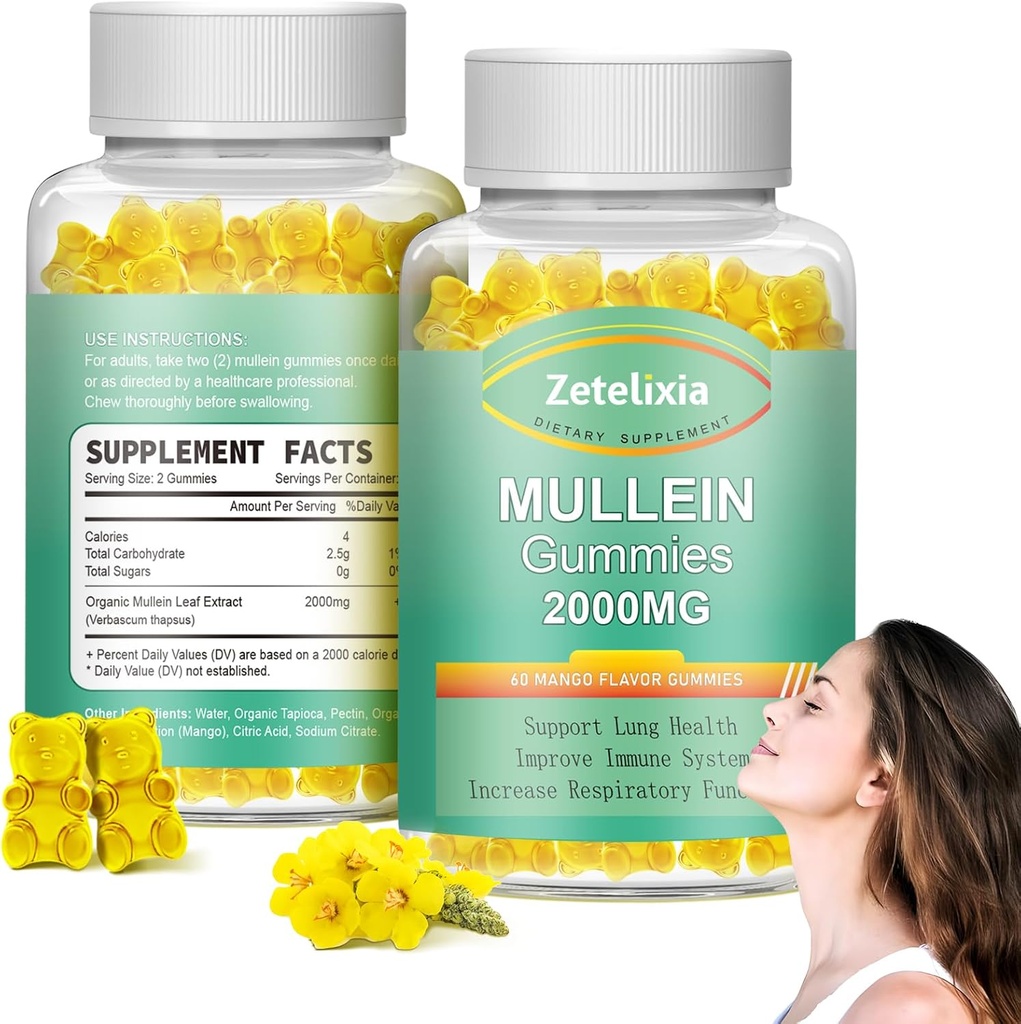 2 Pack Mullein Gummies - εκχύλισμα φύλλων Mullein για τους πνεύμονες, Lung Detox Καθαρίστε για τους καπνιστές, Mullein Lung συμπλήρωμα υποστήριξης για την υποστήριξη του ανοσοποιητικού, Mucus Relief,120 ζάχαρη δωρεάν Vegan Gummies