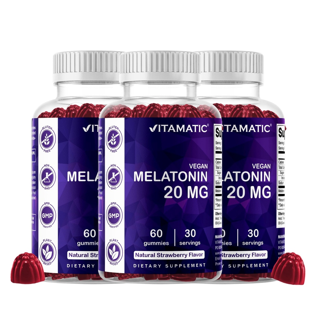 Vitamatic Melatonin 20 mg Gummies for Adults, 30 Servings - 60 Χορτοφαγικά Gummies - Μη-Habit Forming Συμπλήρωμα