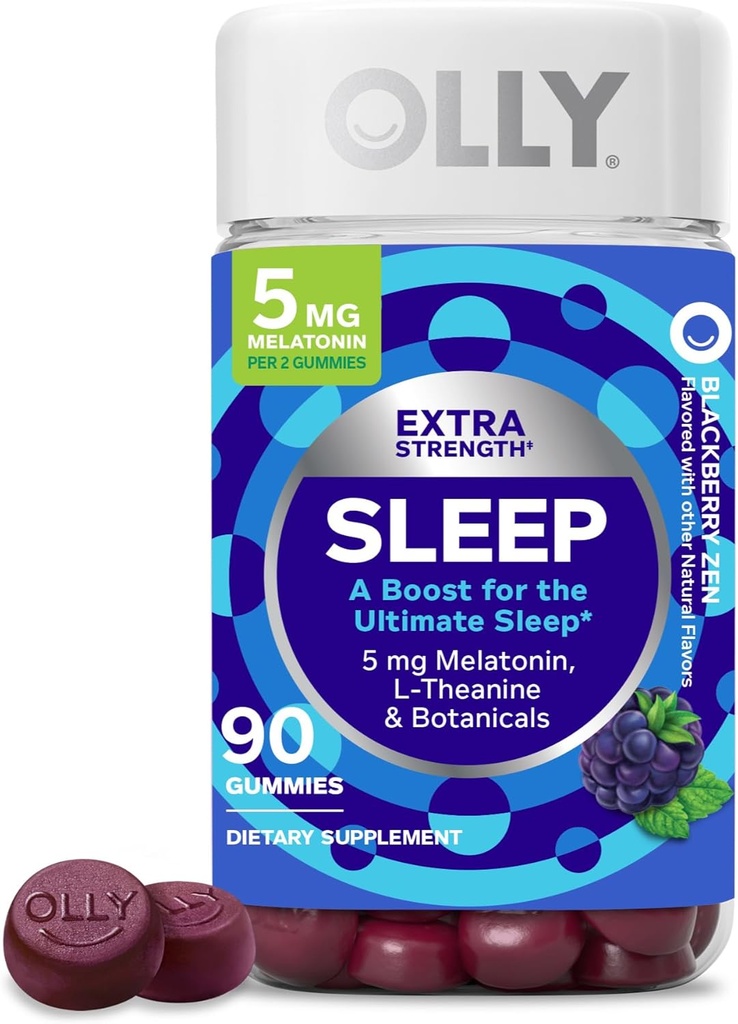 OLLY Extra Strength Sleep Gummy 5 mg Μελατονίνη, L-Θεανίνη, Χαμομήλι, Εκχυλίσματα λεμονιού, Βοήθεια ύπνου, BlackBerry Γεύση - 90 κόμης