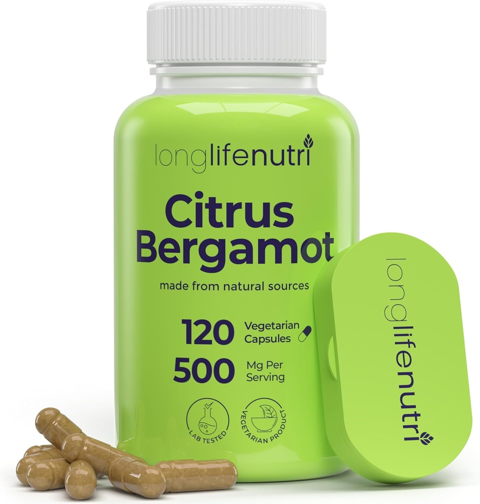 LongLifeNutri Citrus Bergamot Extract 500mg - 120 κάψουλες χορτοφαγικής, 40% πολυφαινολικές φλαβανόνες, 4-μηνιαία προμήθεια, Plant-based Anti-Oxidant, Tested, Made in USA