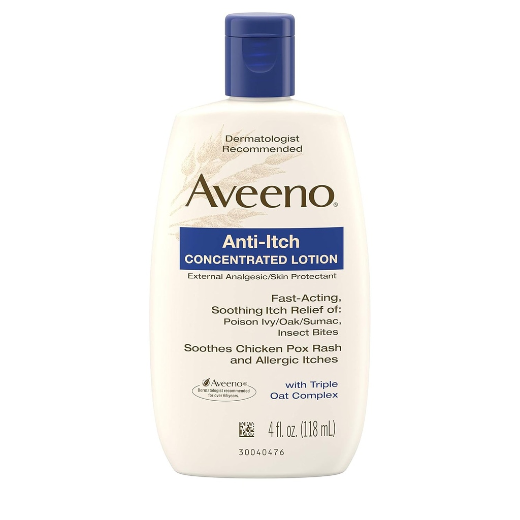 Aveeno Anti-Itch Συμπυκνωμένη Lotion με Calamine και Τρίκλινο Σύμπλεγμα Βρώμης, Προστατευτικό του δέρματος για γρήγορη δράση Itch Relief από Δηλητηριώδη Κισσό, Έντομα Bites, Κοτόπουλο Pox, και Αλλεργική Itches, 4 fl. oz