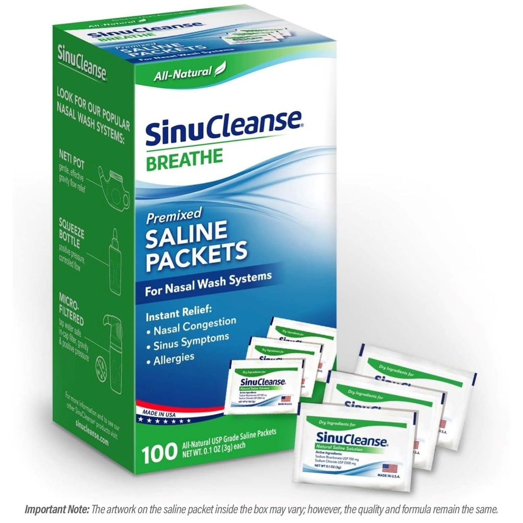 SinuCleanse Pre-Mixed Saline Packets for Sinus Rinse and Nasal Irigation Systems, 100 Count, Made in USA, All-Natural, Pharmaceutical Grade and PH Balanced