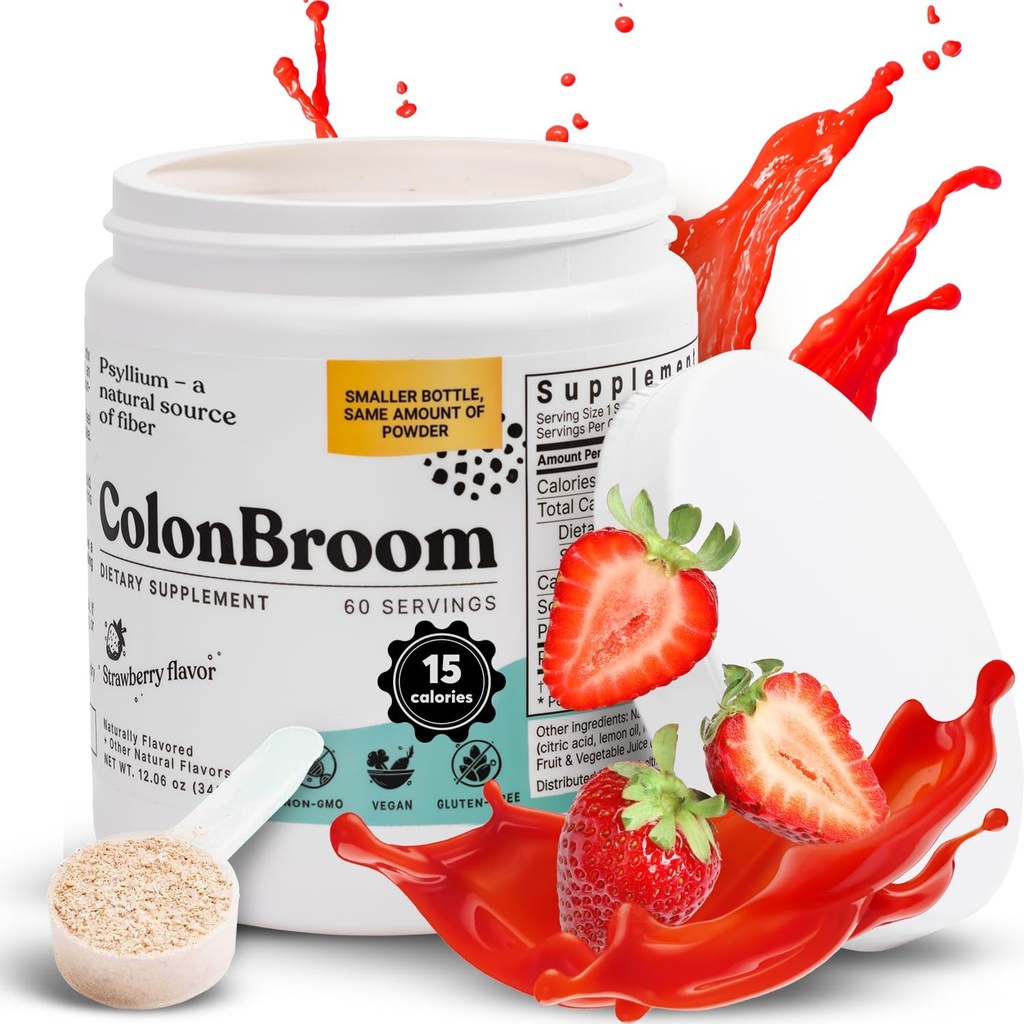 ColonBroom Psyllium Husk Powder (Strawberry) - Cleanse Colon για Bloating Relief & Gut Health - Colon Broom Fiber Powder Drink - Vegan, Χωρίς γλουτένη, μη GMO Fiber Powder Supplement, 60 Servings