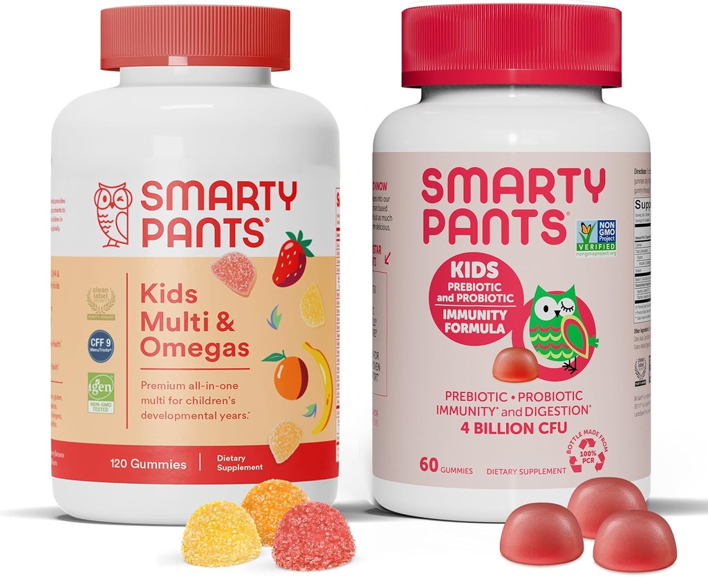 SmartyPants Kids Multivitamin Gummies and Probiotic Immunity Bundle: Omega 3 Fish Oil (EPA/DHA), Vitamin D3, C, Vitamin B12, B6, Digestive & Immune Support Supplement (30 Day Supply)