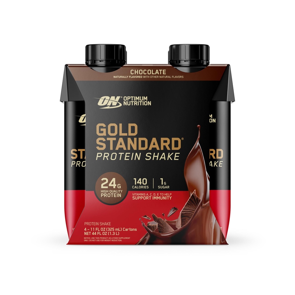 Optimum Nutrition Gold Standard Protein Shake, 24g Protein, Ready to Drink Protein Shake, Χωρίς γλουτένη, Βιταμίνη C για ανοσοποιητική υποστήριξη, Σοκολάτα, 11 Fl Oz, Συσκευασία των 4 (Packaging May Vary)