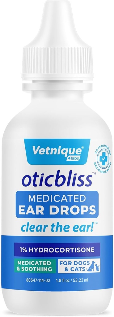 Vetnique Oticbliss Medicated Cat & Dog Ear Cleaner Drops - Dog Ear Infection Treatment with 1% Hydrocortisone to Soothe Itsing, Redness, & Swelling - Vet Συνιστάται