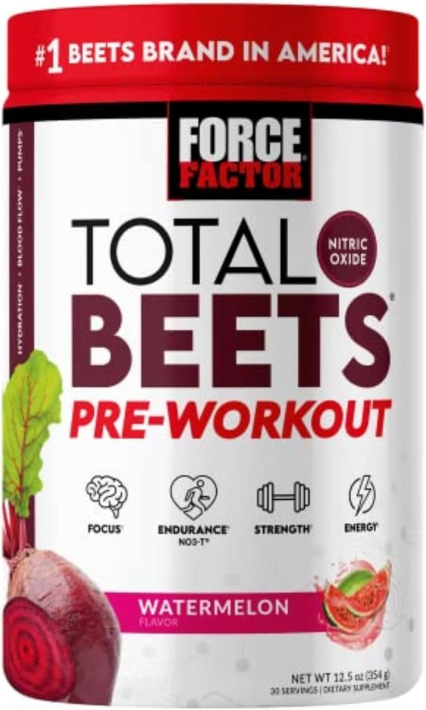 FORCE FACTOR Total Beets Pre-Workout Powder για την ενίσχυση της ενέργειας & της αντοχής, αύξηση της δύναμης και βελτίωση της ροής του αίματος και των αντλιών, Nitric Oxide Supplement with Beet Root Powder, Watermelon, 30 εξυπηρετούν