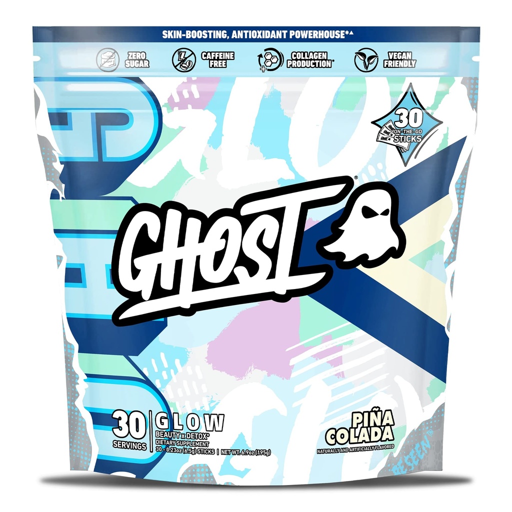GHOST Glow Sticks: Beauty and Detox Supplement - 30 On-The-Go Stick Pina Colada - Υαλουρονικό Οξύ, Βιοτίνη & L-Θεανίνη για την υποστήριξη του δέρματος - Χωρίς ζάχαρη, Χωρίς γλουτένη