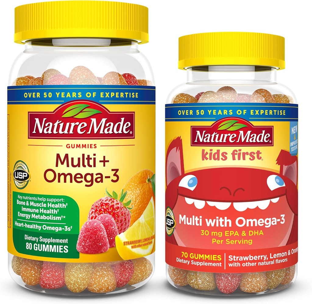 Nature Made Adult & Kids Multivitamin Gummies Combo Pack, Multis with Vitamin C, Vitamin D3, B Vitamins, Zinc, Omega 3 Fish Oil & More, Δύο Multivitamin μπουκάλια για ολόκληρη την οικογένεια