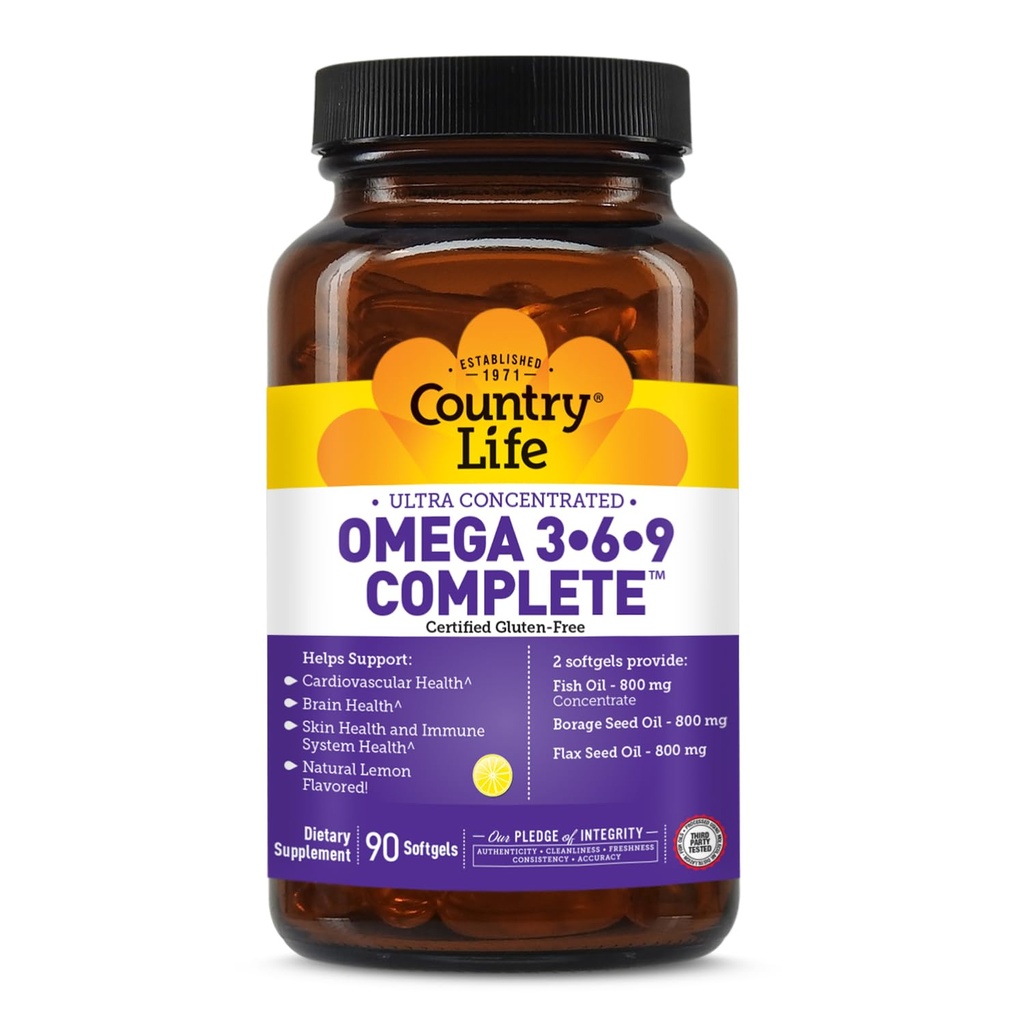 Χώρα Ζωή Ωμέγα 3-6-9 πλήρες συμπλήρωμα - 1.534mg Ωμέγα λιπαρά οξέα - Υποστηρίζει Καρδιαγγειακό, Εγκέφαλο, Δέρμα & Ανοσολογική Υγεία - Πιστοποιημένο χωρίς γλουτένη, Μη ΓΤΟ - 90 Softgels