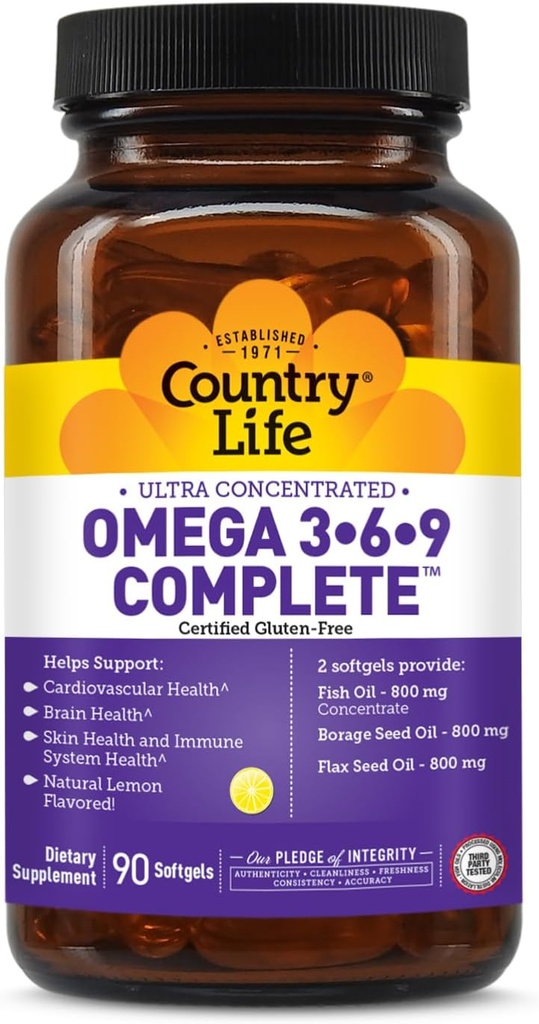 Χώρα Ζωή Ωμέγα 3-6-9 πλήρες συμπλήρωμα - 1.534mg Ωμέγα λιπαρά οξέα - Υποστηρίζει Καρδιαγγειακό, Εγκέφαλο, Δέρμα & Ανοσολογική Υγεία - Πιστοποιημένο χωρίς γλουτένη, Μη ΓΤΟ - 90 Softgels