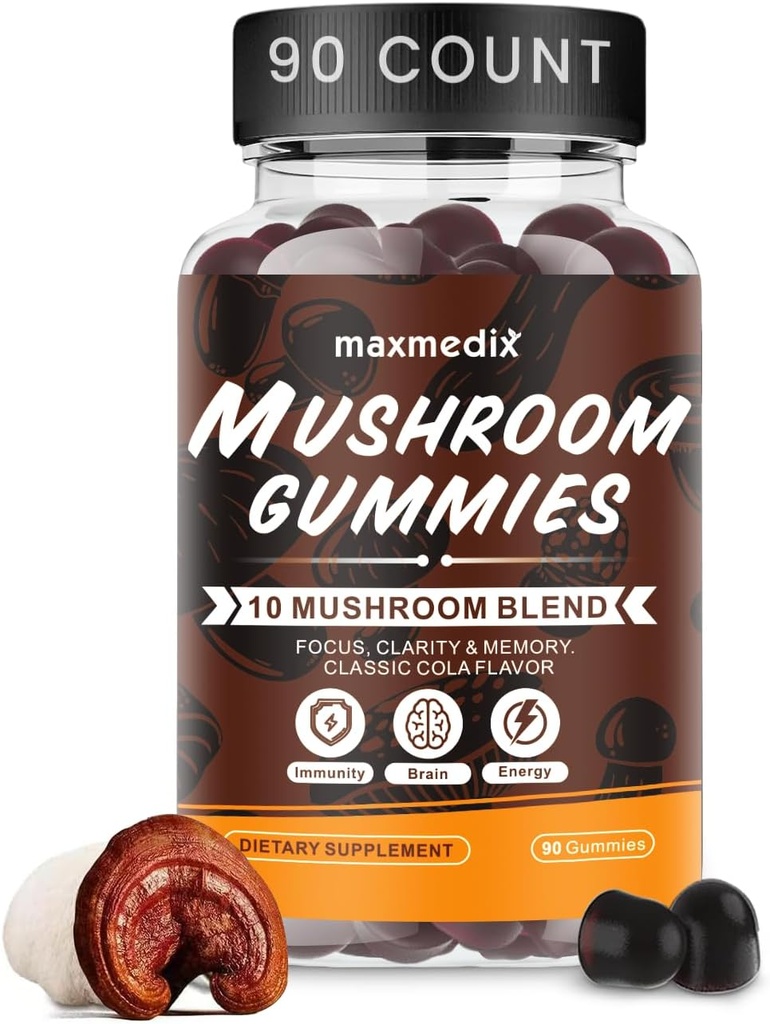 maxmedix Mushroom Gummies - 10x Mushroom Supplement με Ashwagandha και Lions Mane - Brain Booster, Immune Support, Energy - Mushroom Supplement for Men & Women 90 Coke Gummies