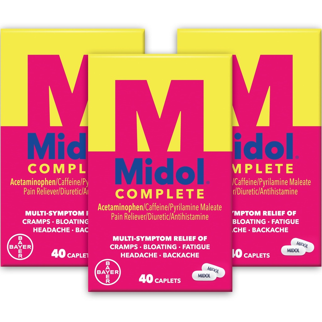 Midol Complete Εμμηνορρυσιακό άλγος Relief Caplets with Acetaminophen for Period Cramps, and Menstrual Symptom Relief - 40 Count (Pack of 3) (Packing May Vary)