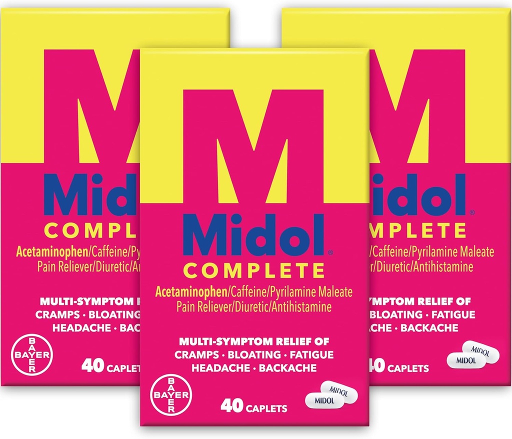 Midol Complete Menstrual Pain Relief Caplets with Acetaminophen for Period Cramps, and Menstrual Symptom Relief - 40 Count (Pack of 3) (Packaging May Vary)