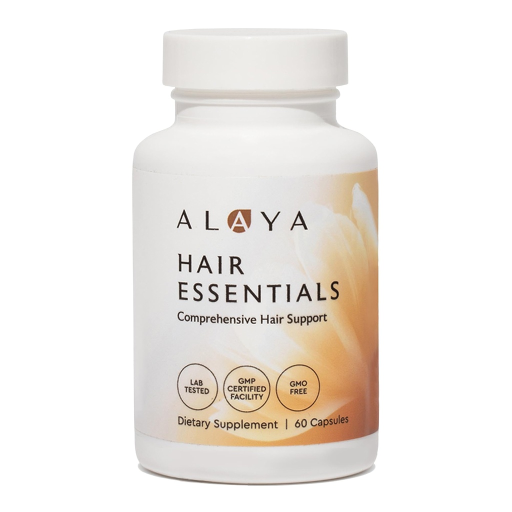 Alaya Hair Essentials - Συμπλήρωμα μαλλιών με βιοτίνη, κερατίνη, φολικό οξύ, βιταμίνη Β12, Β6 - Lab Tested - Χωρίς γλουτένη - 30 ημέρες προσφοράς