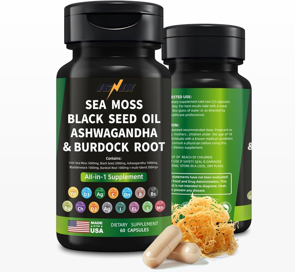 IGNIX συμπλήρωμα διατροφής με θαλάσσια Moss, μαύρο σπορέλαιο, Ashwagandha, και Burdock Root-Irish Sea Moss 3000mg, μαύρο σπόρο 2000mg, Ashwagandha 1000mg, Bladderwrack 1000mg, Burdock Root 1000mg.