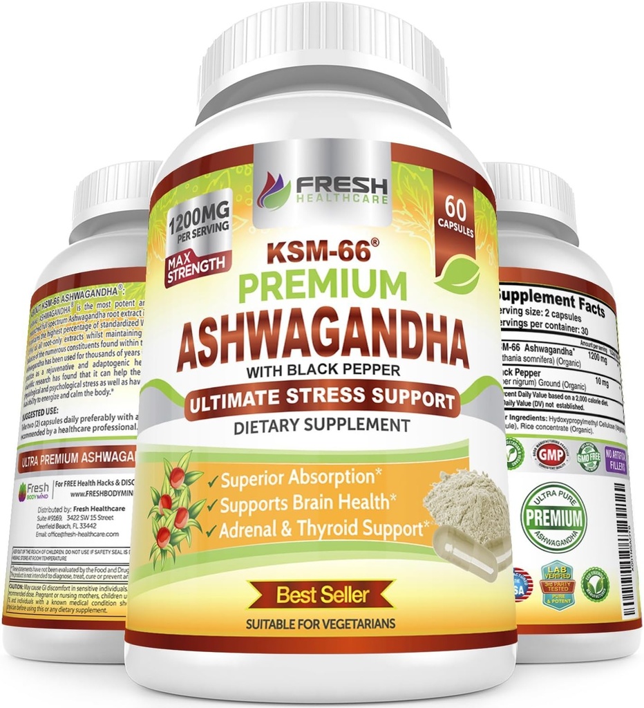 FRESH HEALTHCARE Ashwagandha Κάψουλες KSM-66 1200mg Καθαρό εκχύλισμα ρίζας με Μαύρο πιπέρι για υψηλή απορρόφηση - ισχυρό συμπλήρωμα Ashwagandha - 60 κάψουλες Vegan