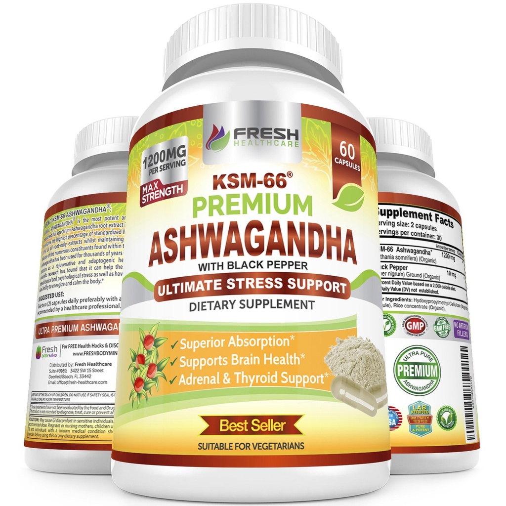 FRESH HEALTHCARE Ashwagandha Κάψουλες KSM-66 1200mg Καθαρό εκχύλισμα ρίζας με Μαύρο πιπέρι για υψηλή απορρόφηση - ισχυρό συμπλήρωμα Ashwagandha - 60 κάψουλες Vegan